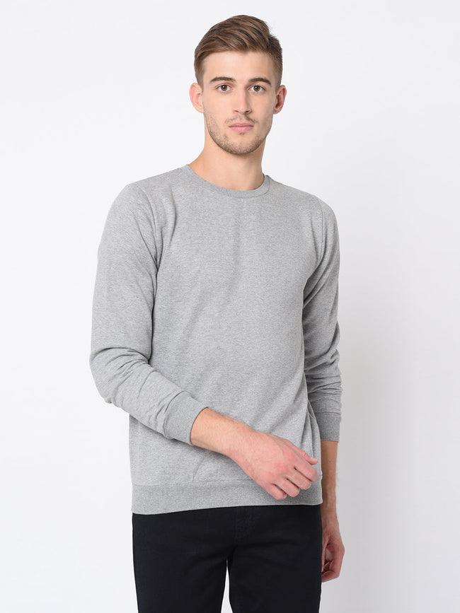 Men Grey Round Neck Cotton Fleece Sweatshirt