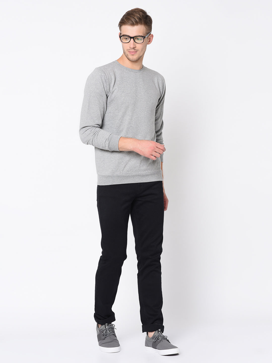 Men Grey Round Neck Cotton Fleece Sweatshirt