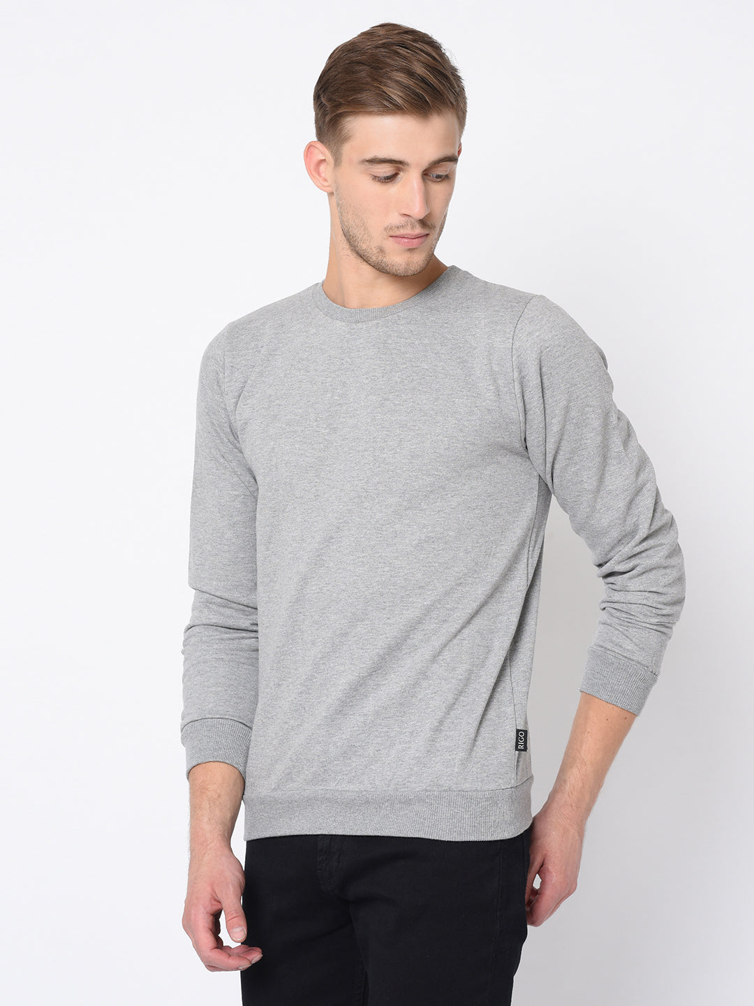 Men Grey Round Neck Cotton Fleece Sweatshirt