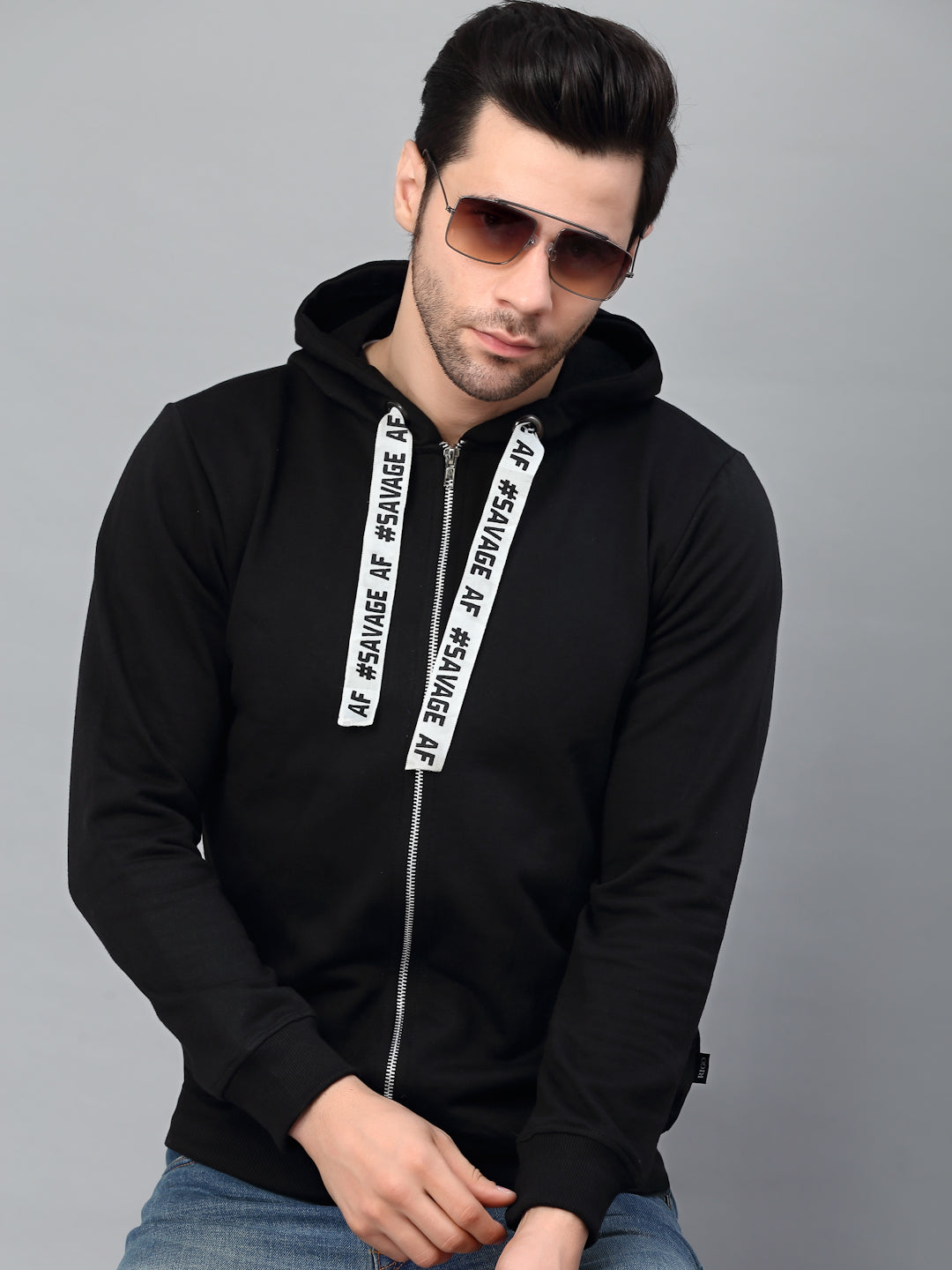 Men Black Printed String Fleece Jacket