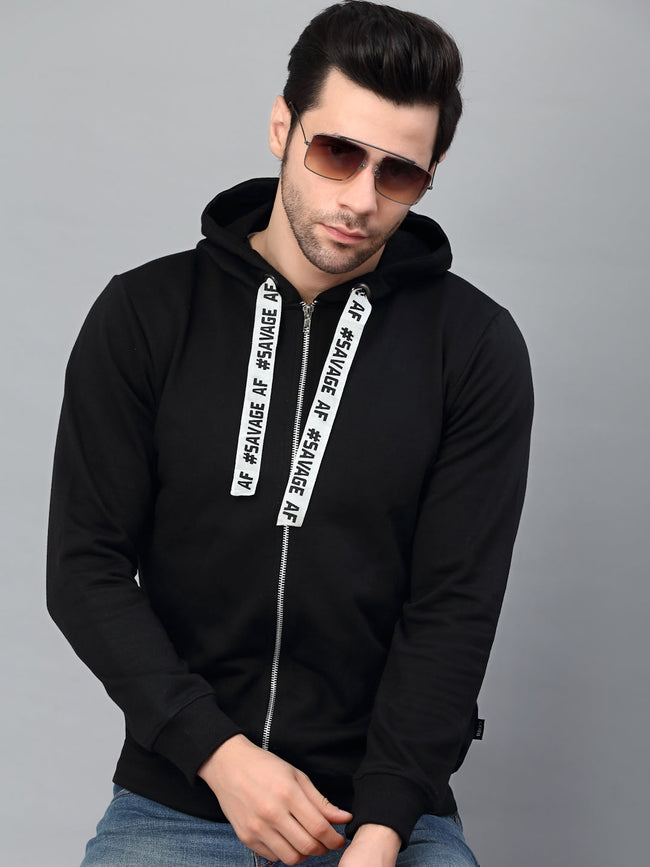 Men Black Printed String Fleece Jacket