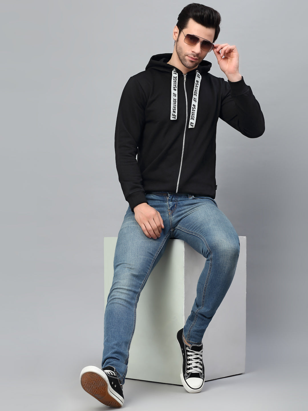 Men Black Printed String Fleece Jacket
