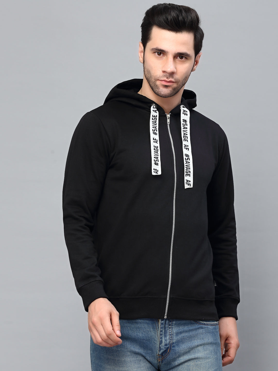 Men Black Printed String Fleece Jacket