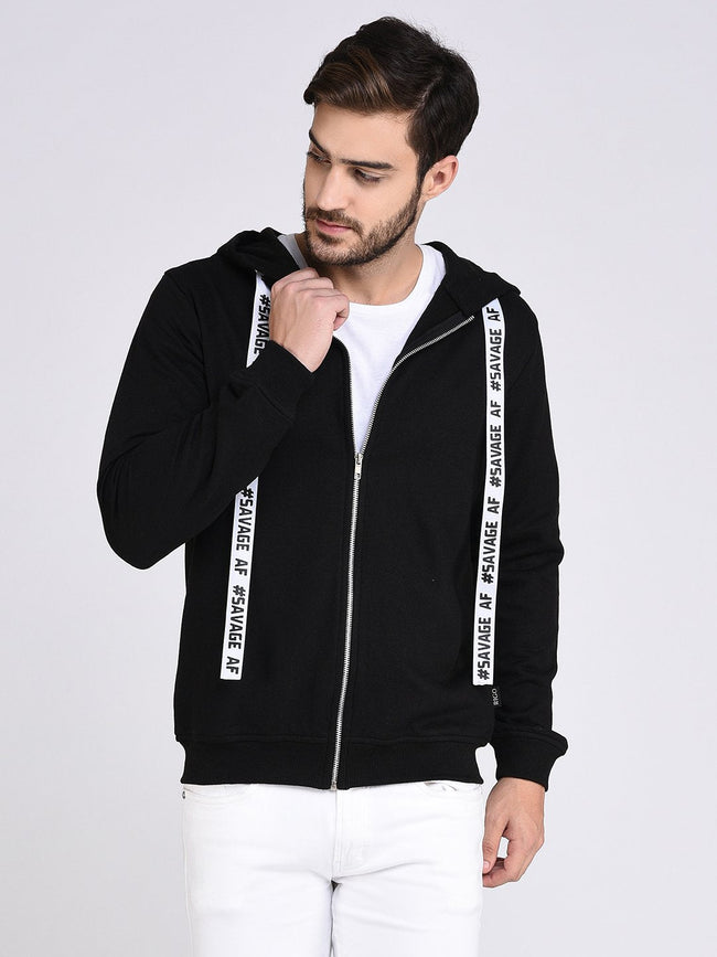 Men Black Fleece Hooded With Front Zip Open SweaT-Shirt