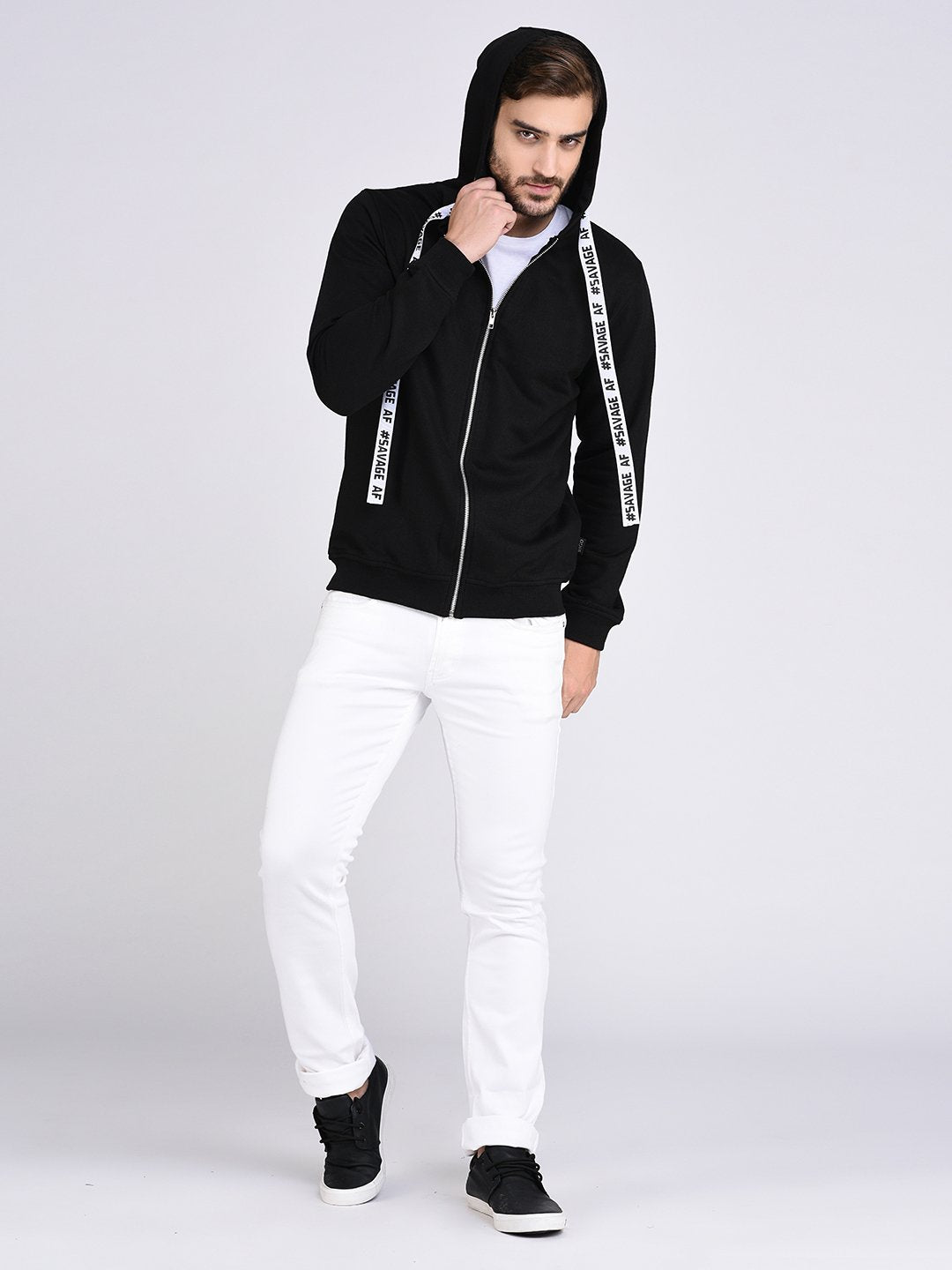Men Black Fleece Hooded With Front Zip Open SweaT-Shirt