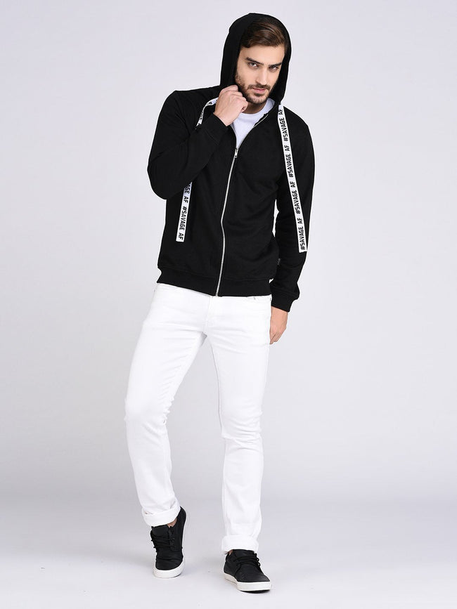Men Black Fleece Hooded With Front Zip Open SweaT-Shirt