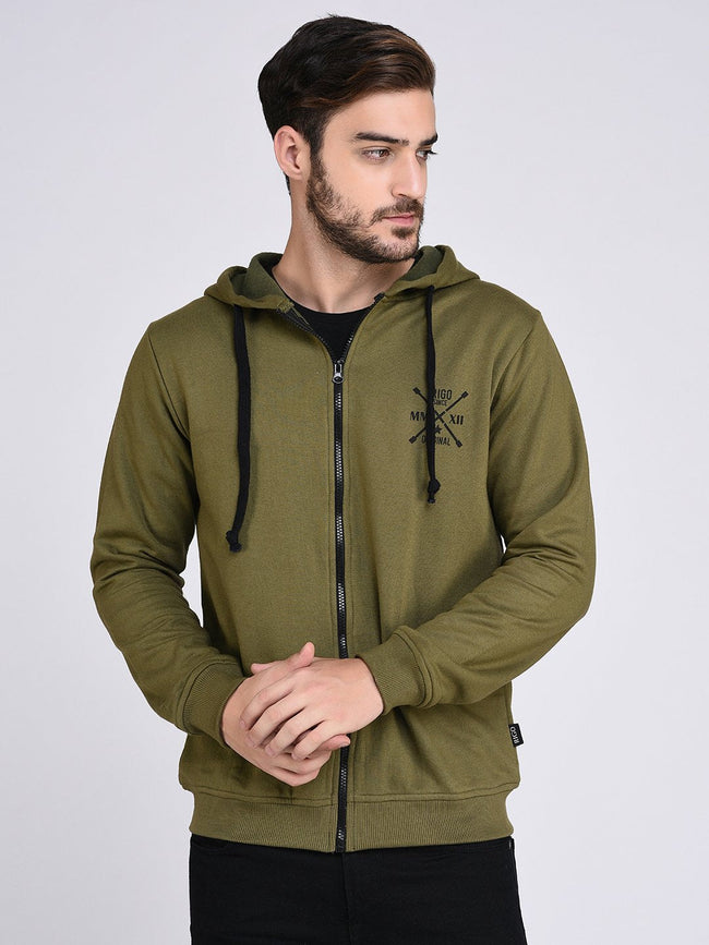 Men Olive Green Fleece Hooded With Front Zip Open sweatshirtFull