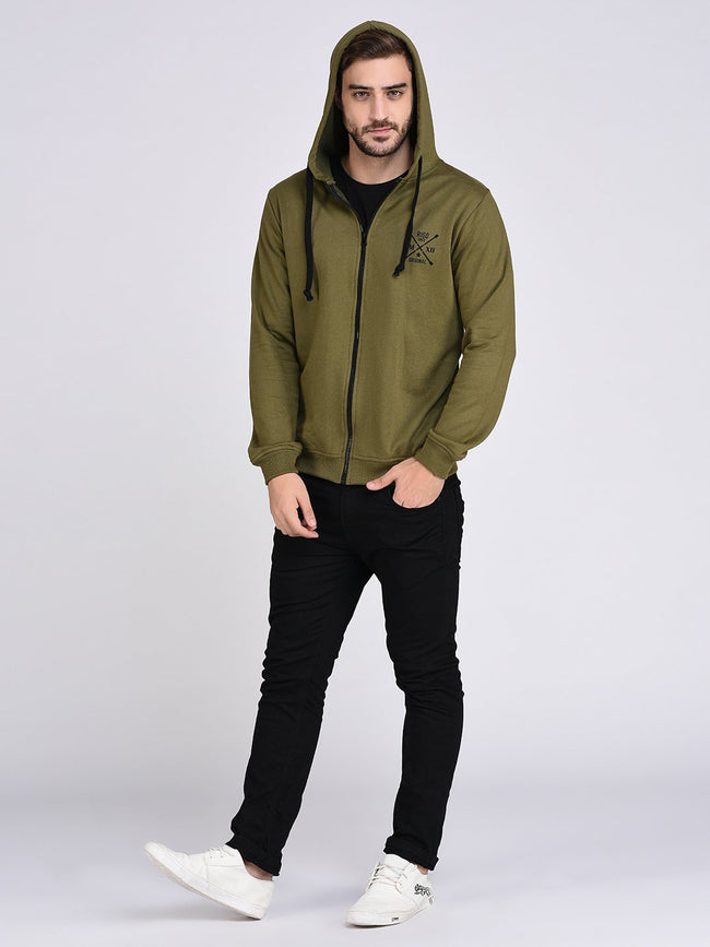 Men Olive Green Fleece Hooded With Front Zip Open sweatshirtFull