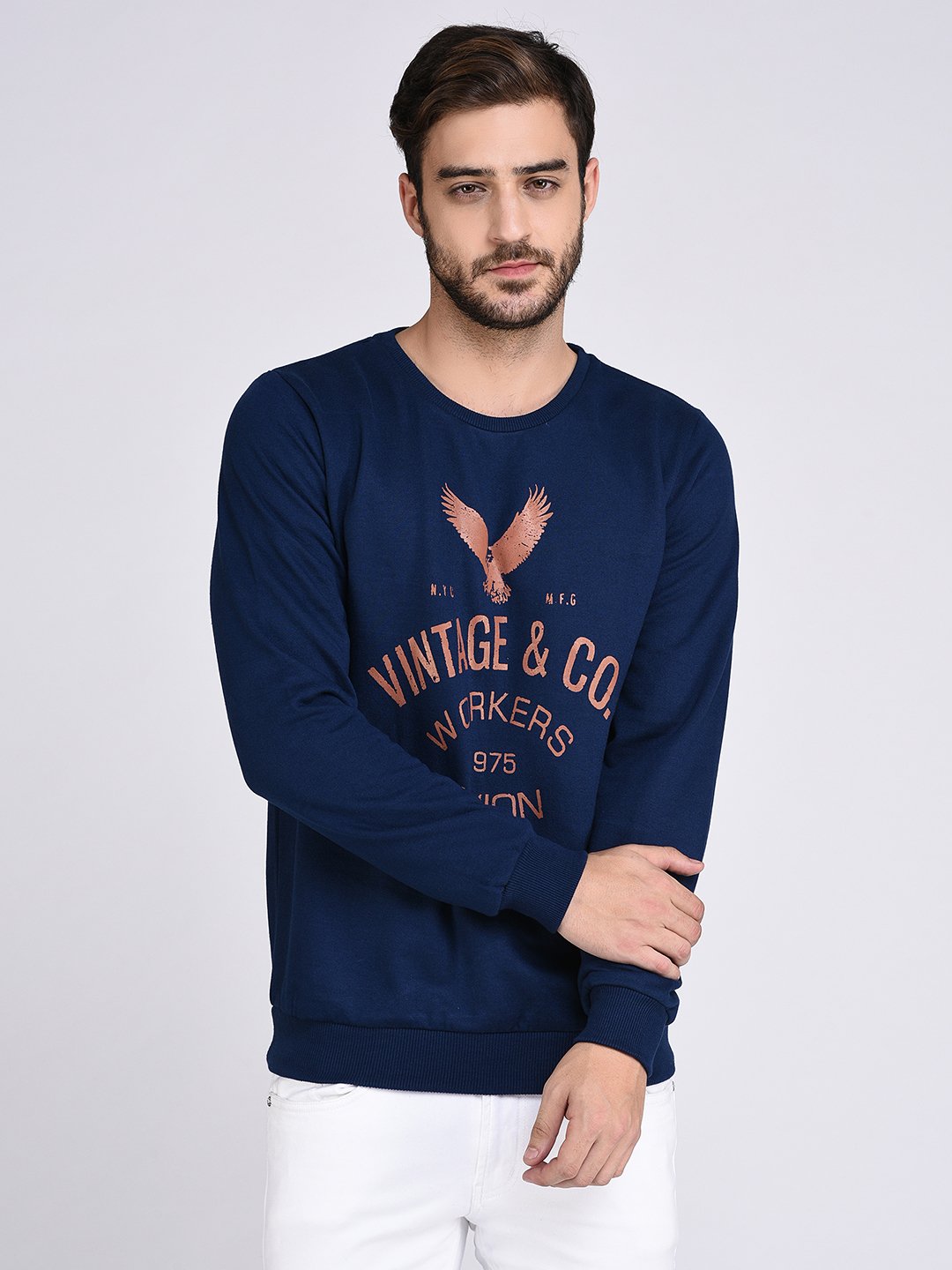 Men Blue Fleece Printed Sweatshirt