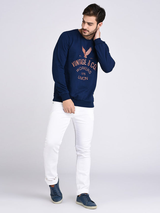 Men Blue Fleece Printed Sweatshirt