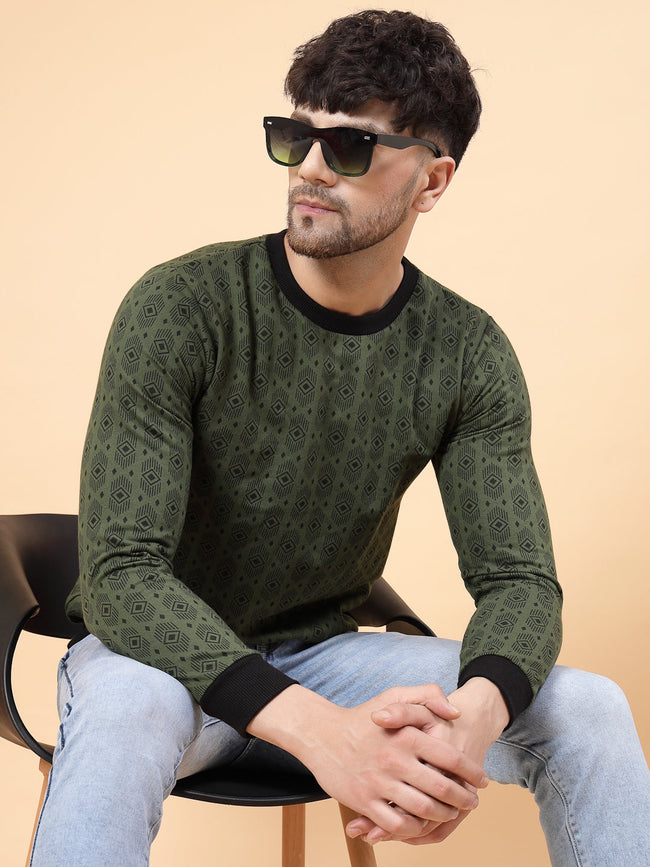 Men Olive Green All Over Printed Round Neck Fleece Sweatshirt