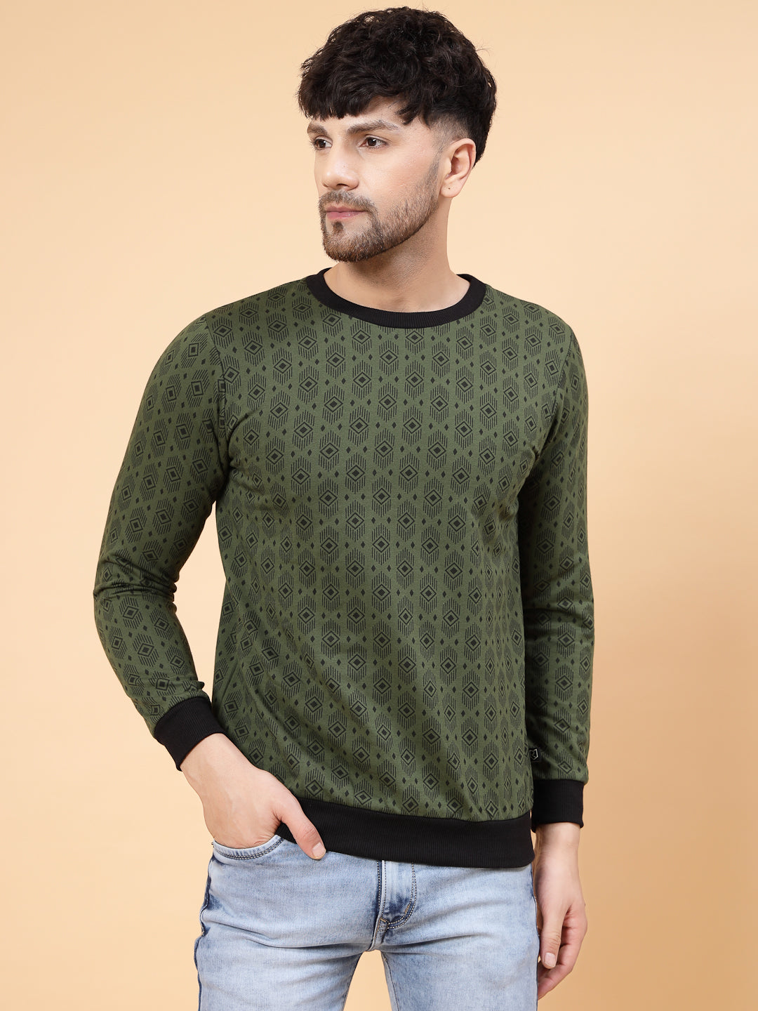 Men Olive Green All Over Printed Round Neck Fleece Sweatshirt