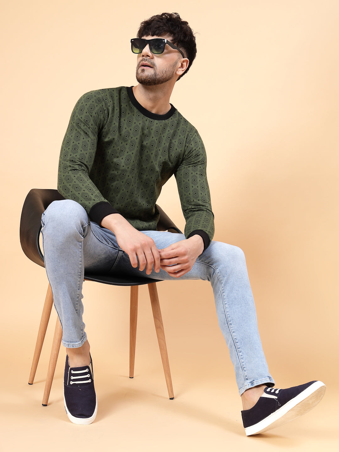 Men Olive Green All Over Printed Round Neck Fleece Sweatshirt
