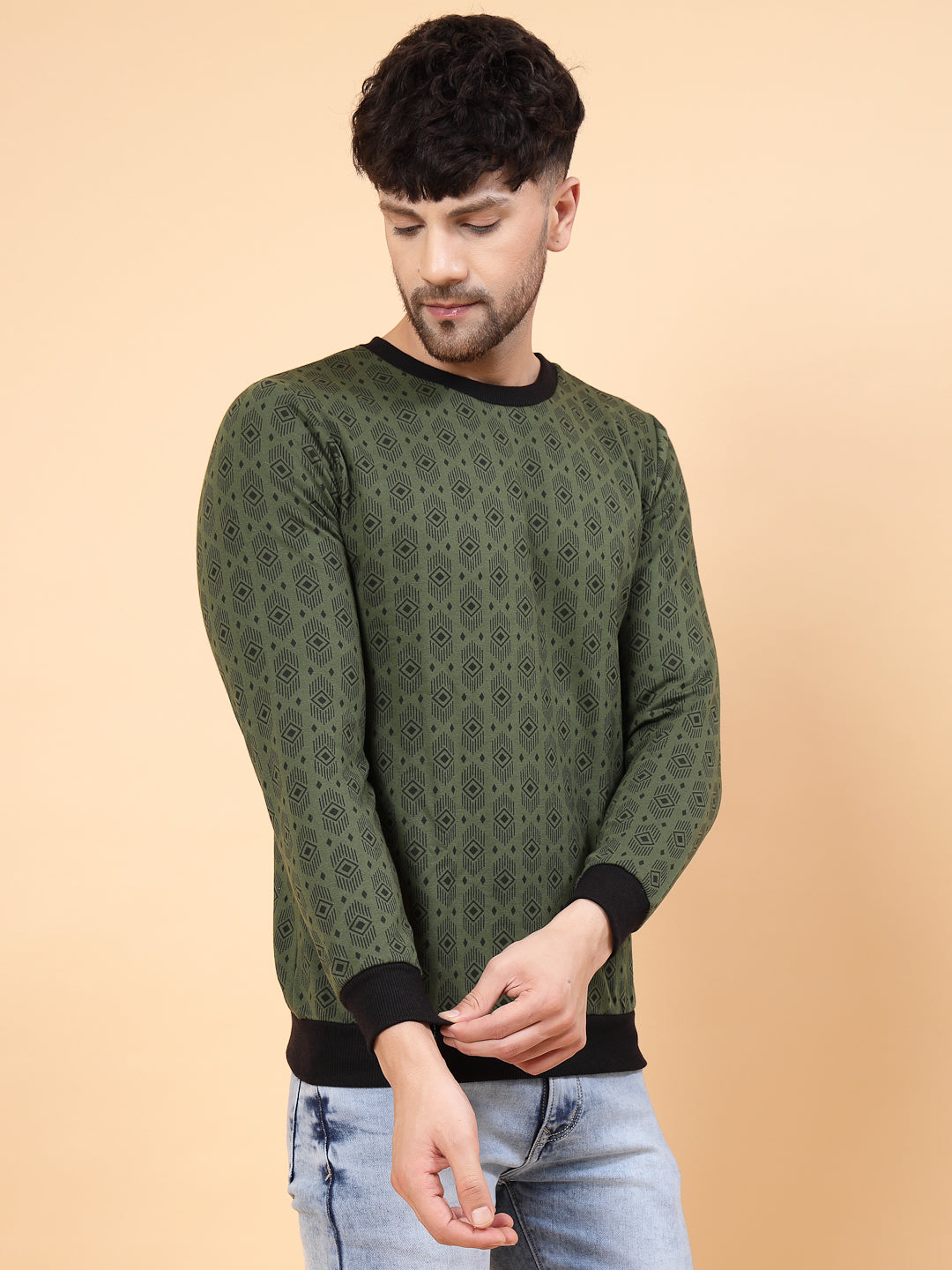 Men Olive Green All Over Printed Round Neck Fleece Sweatshirt