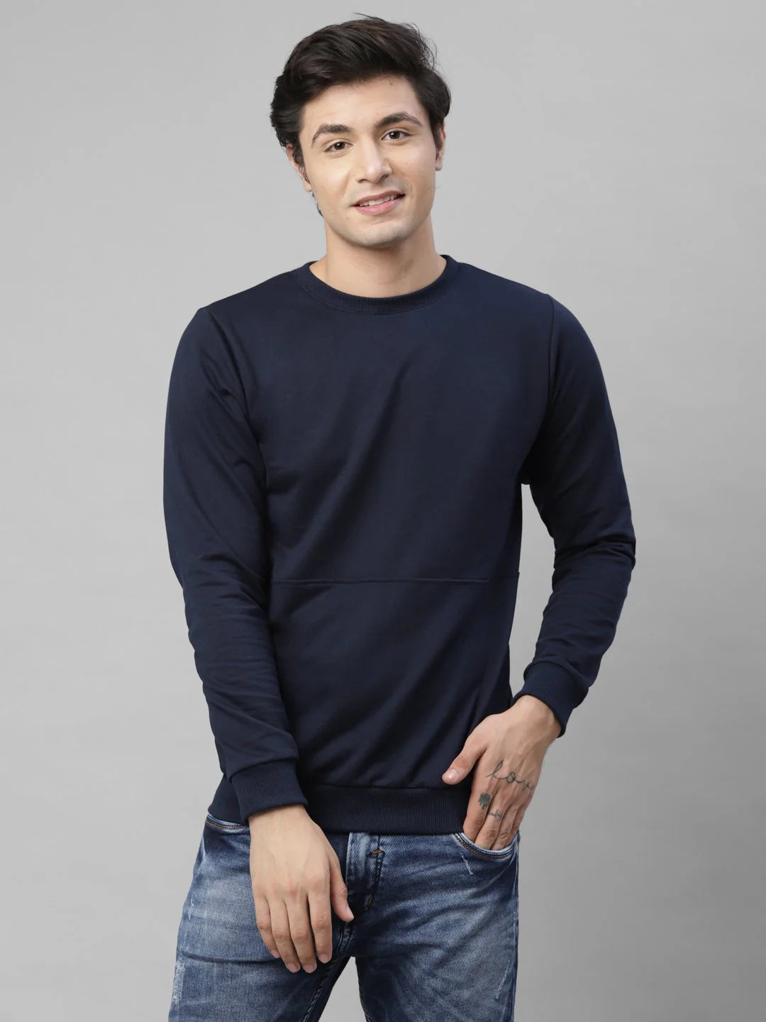 Men Navy Terry Round Neck Sweatshirt