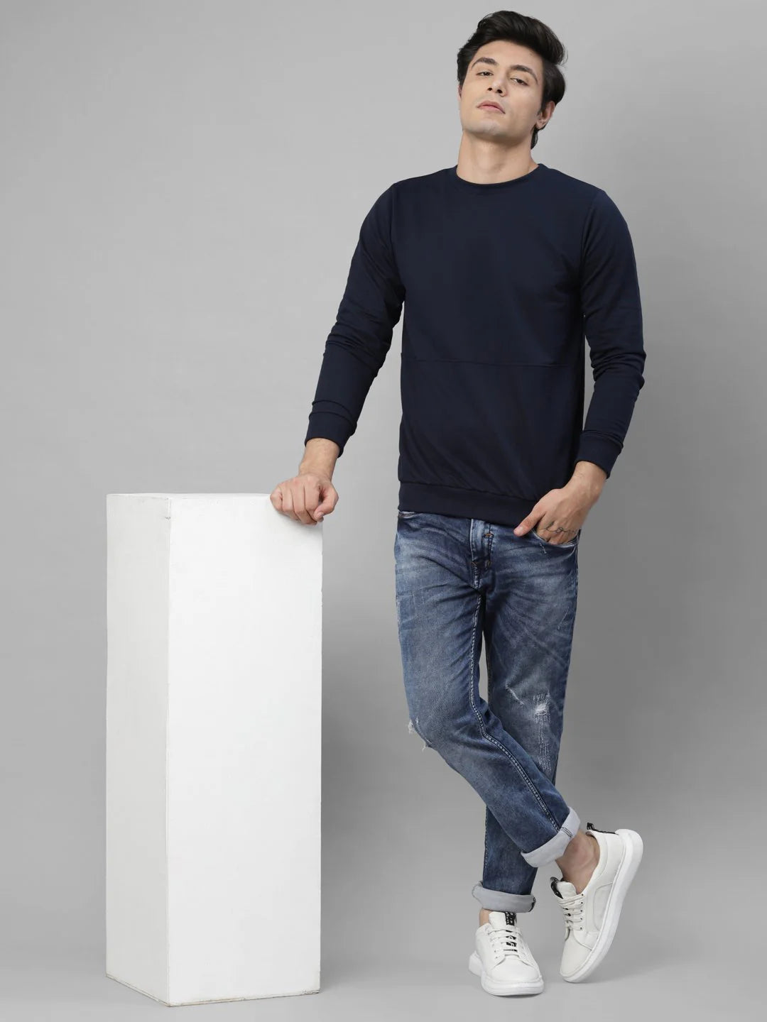 Men Navy Terry Round Neck Sweatshirt