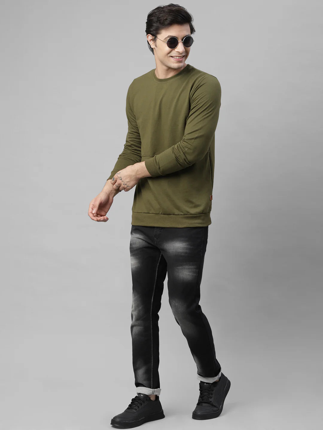 Men Olive Green Cut Sew Terry Round Neck Sweatshirt