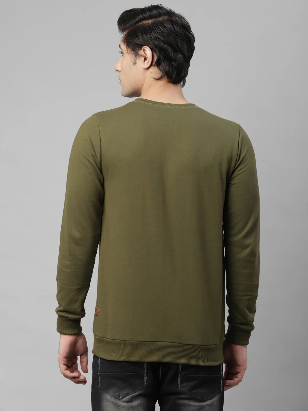 Men Olive Green Cut Sew Terry Round Neck Sweatshirt