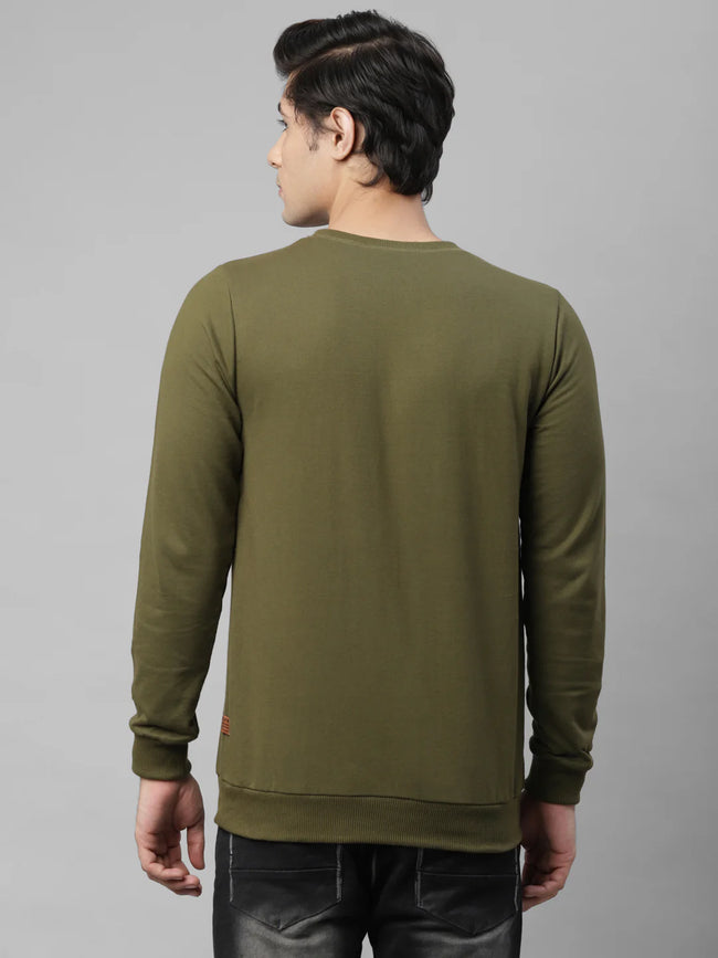 Men Olive Green Cut Sew Terry Round Neck Sweatshirt