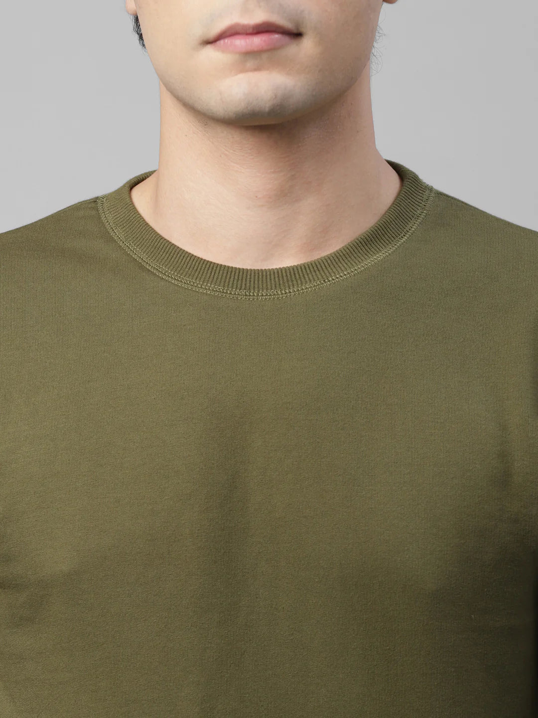 Men Olive Green Cut Sew Terry Round Neck Sweatshirt