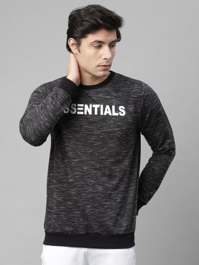 Men Black Self Texture Essentials Print Fleece Round Neck Sweatshirt