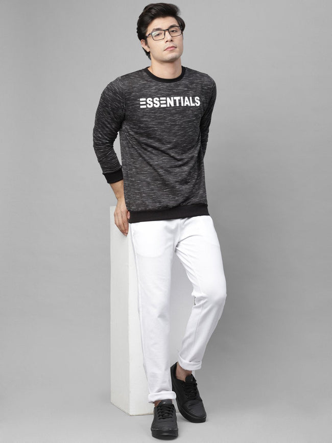 Men Black Self Texture Essentials Print Fleece Round Neck Sweatshirt