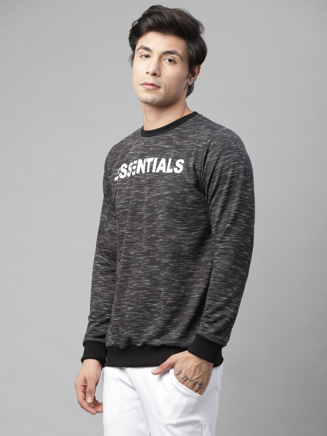 Men Black Self Texture Essentials Print Fleece Round Neck Sweatshirt