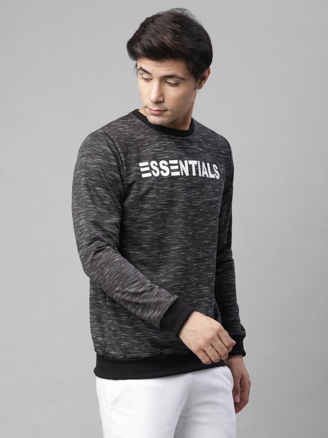 Men Black Self Texture Essentials Print Fleece Round Neck Sweatshirt