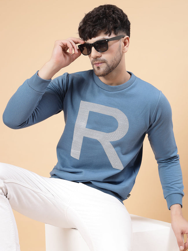 Men Blue Printed Round Neck Full Sleeve Fleece Sweatshirt