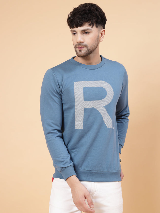 Men Blue Printed Round Neck Full Sleeve Fleece Sweatshirt