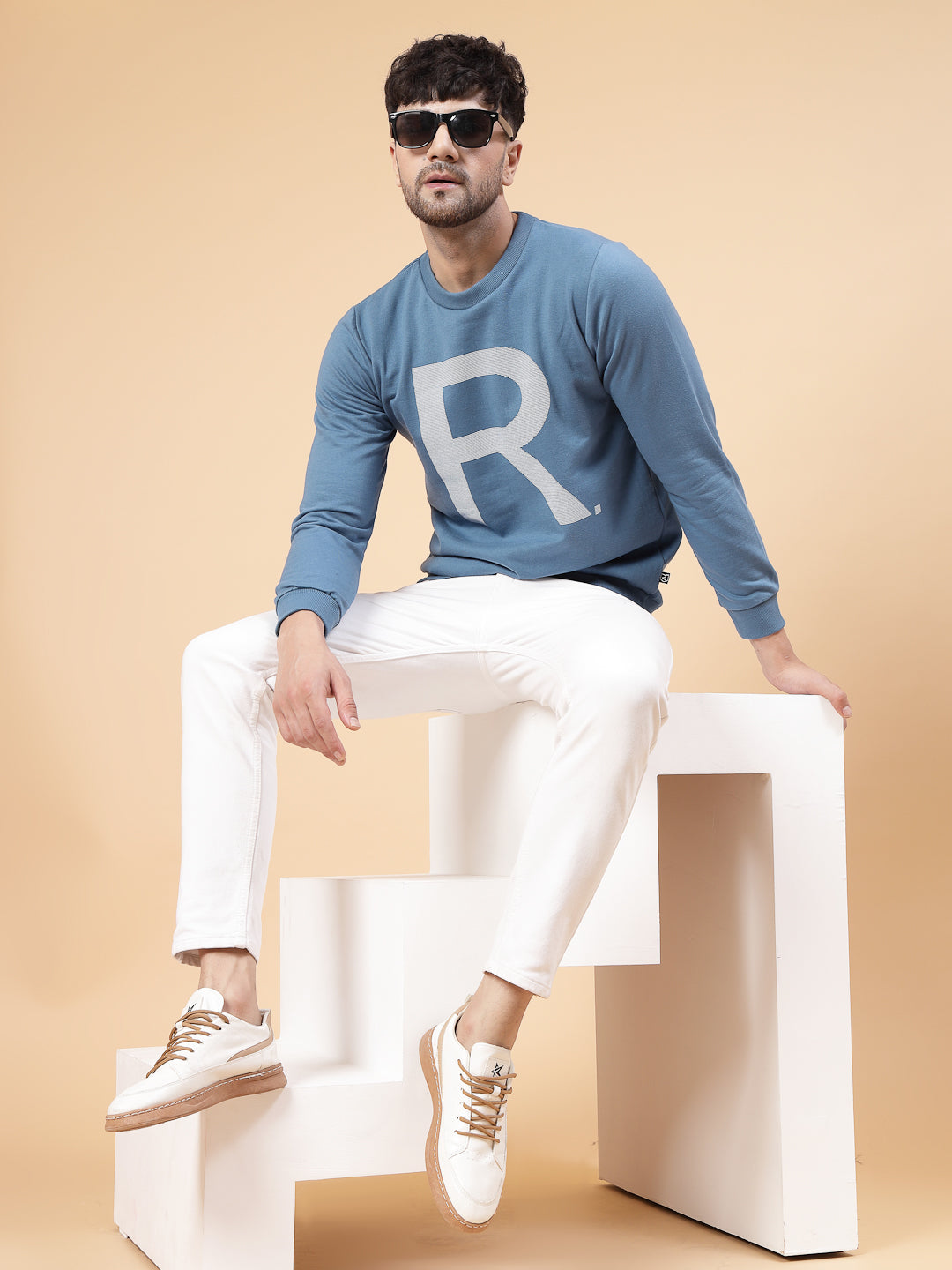 Men Blue Printed Round Neck Full Sleeve Fleece Sweatshirt