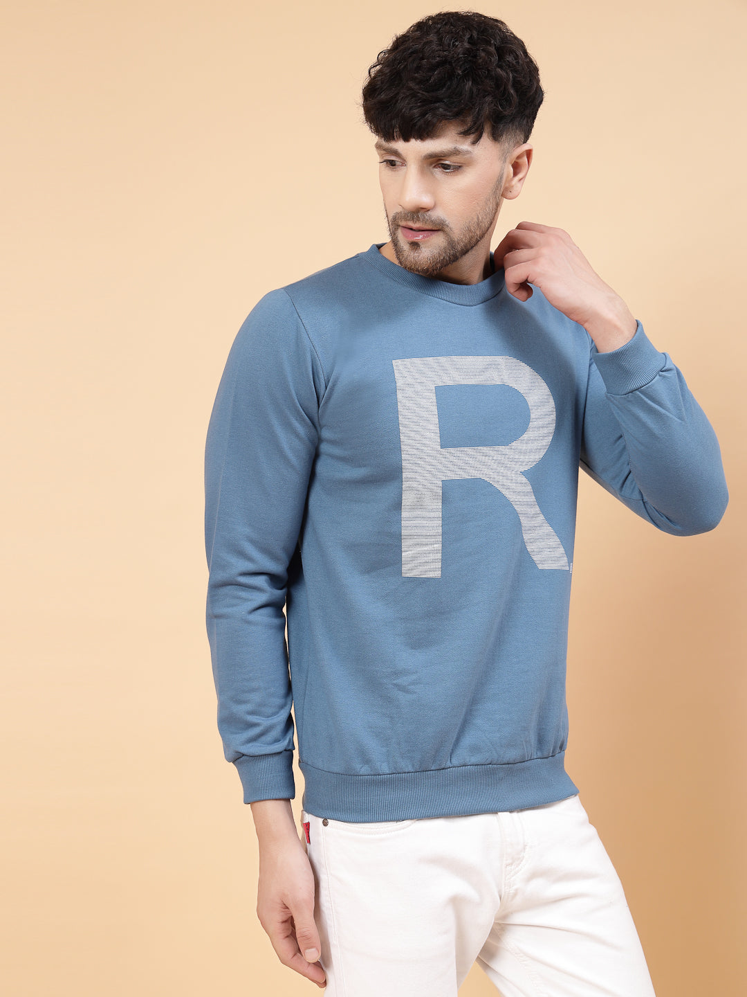 Men Blue Printed Round Neck Full Sleeve Fleece Sweatshirt