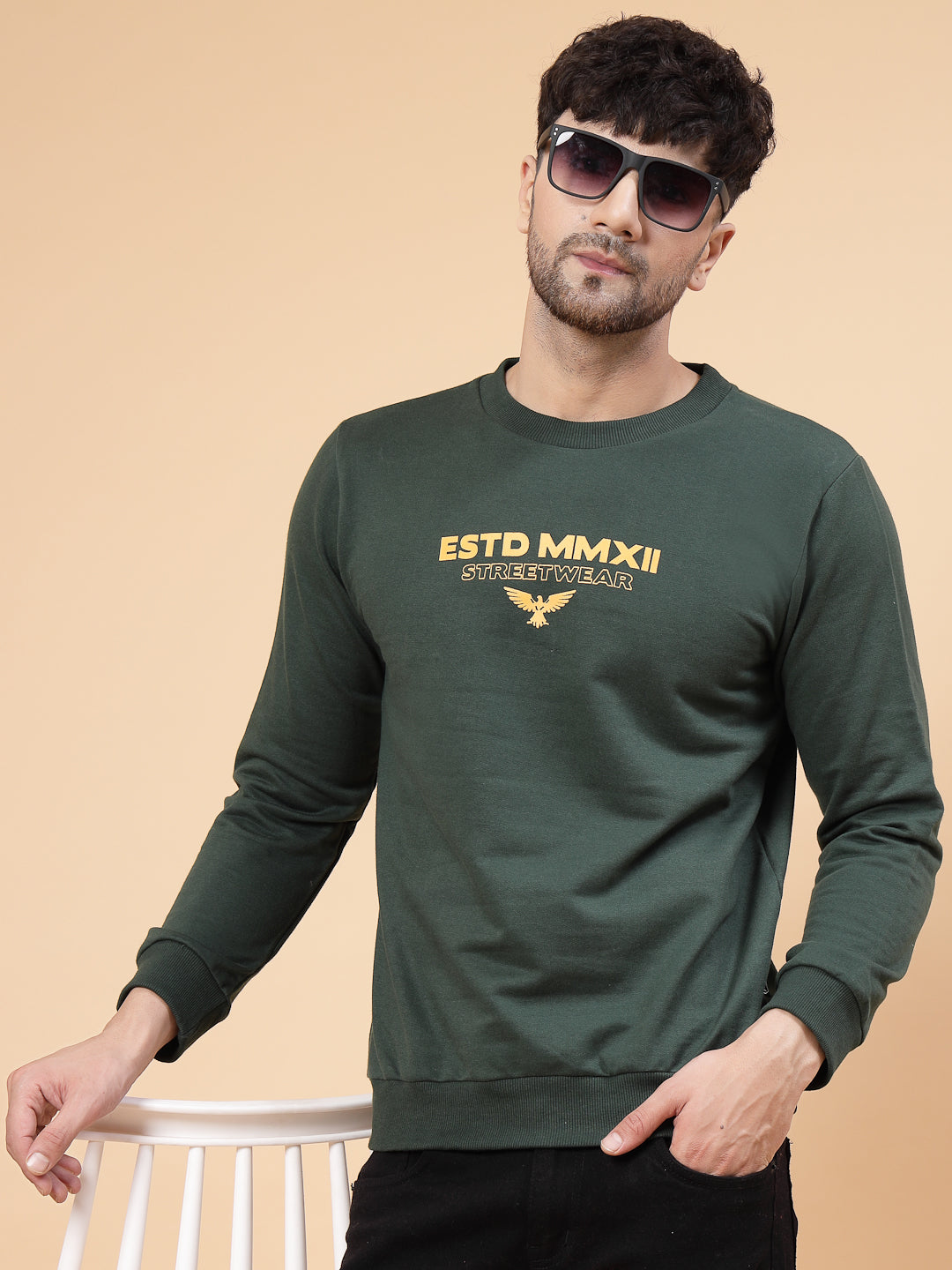 Men Bottle Green Placement Print Round Neck Fleece Sweatshirt