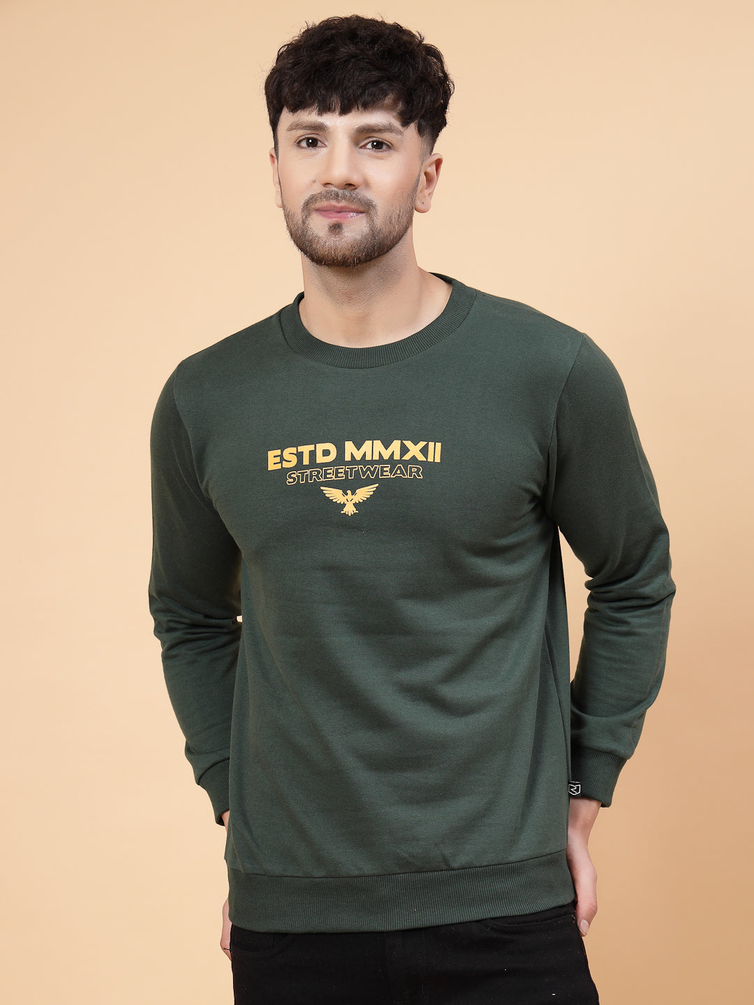 Men Bottle Green Placement Print Round Neck Fleece Sweatshirt