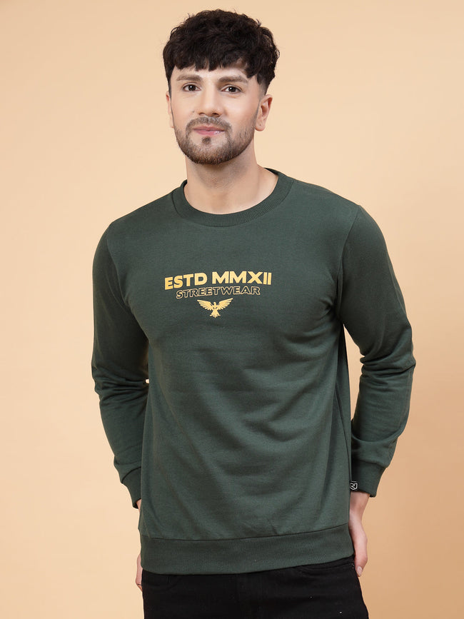 Men Bottle Green Placement Print Round Neck Fleece Sweatshirt