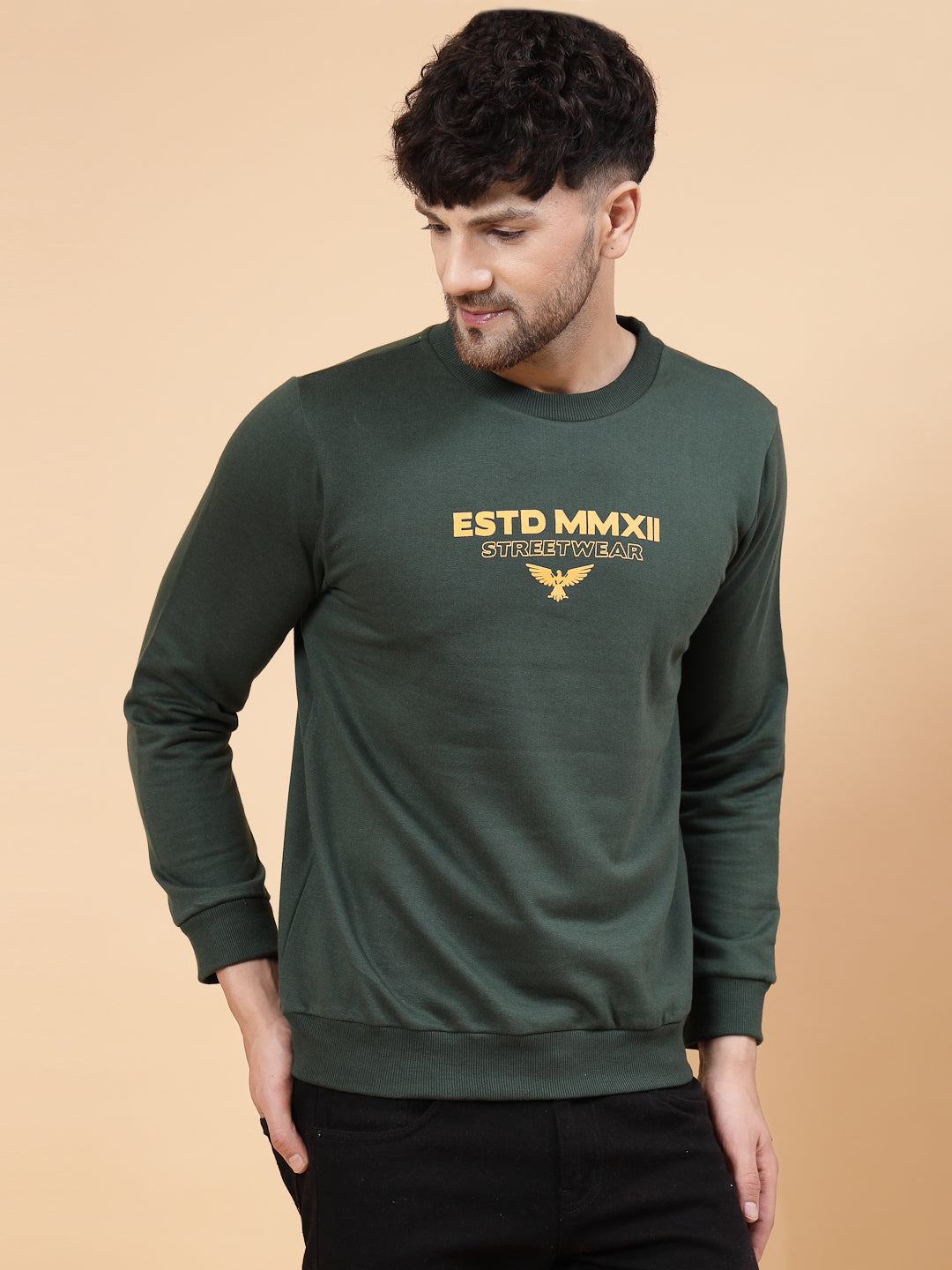 Men Bottle Green Placement Print Round Neck Fleece Sweatshirt