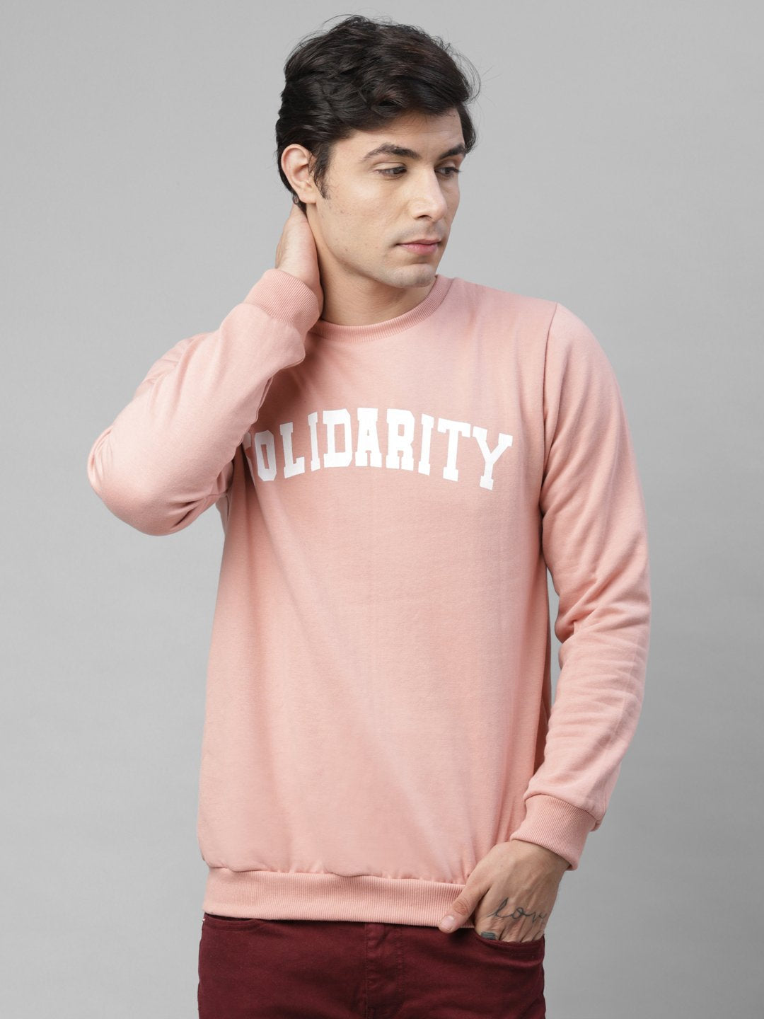 Men Coral Pink Placement Print Round Neck Fleece Sweatshirt