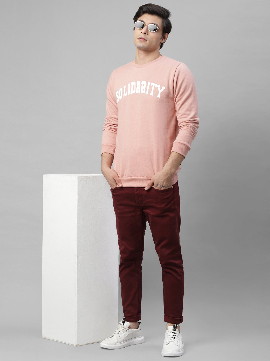 Men Coral Pink Placement Print Round Neck Fleece Sweatshirt