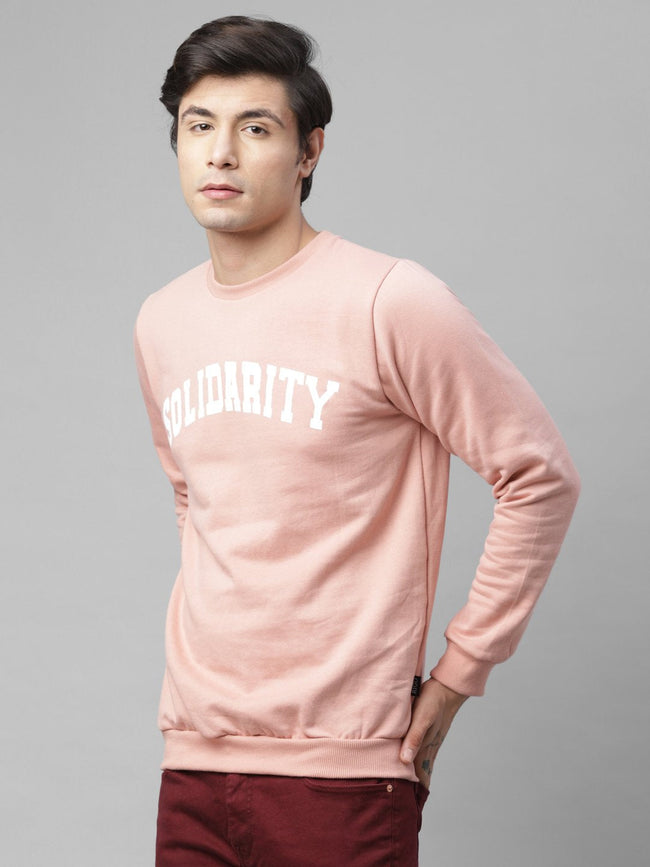 Men Coral Pink Placement Print Round Neck Fleece Sweatshirt