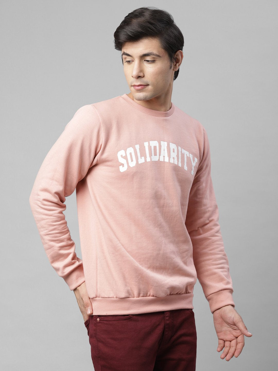 Men Coral Pink Placement Print Round Neck Fleece Sweatshirt