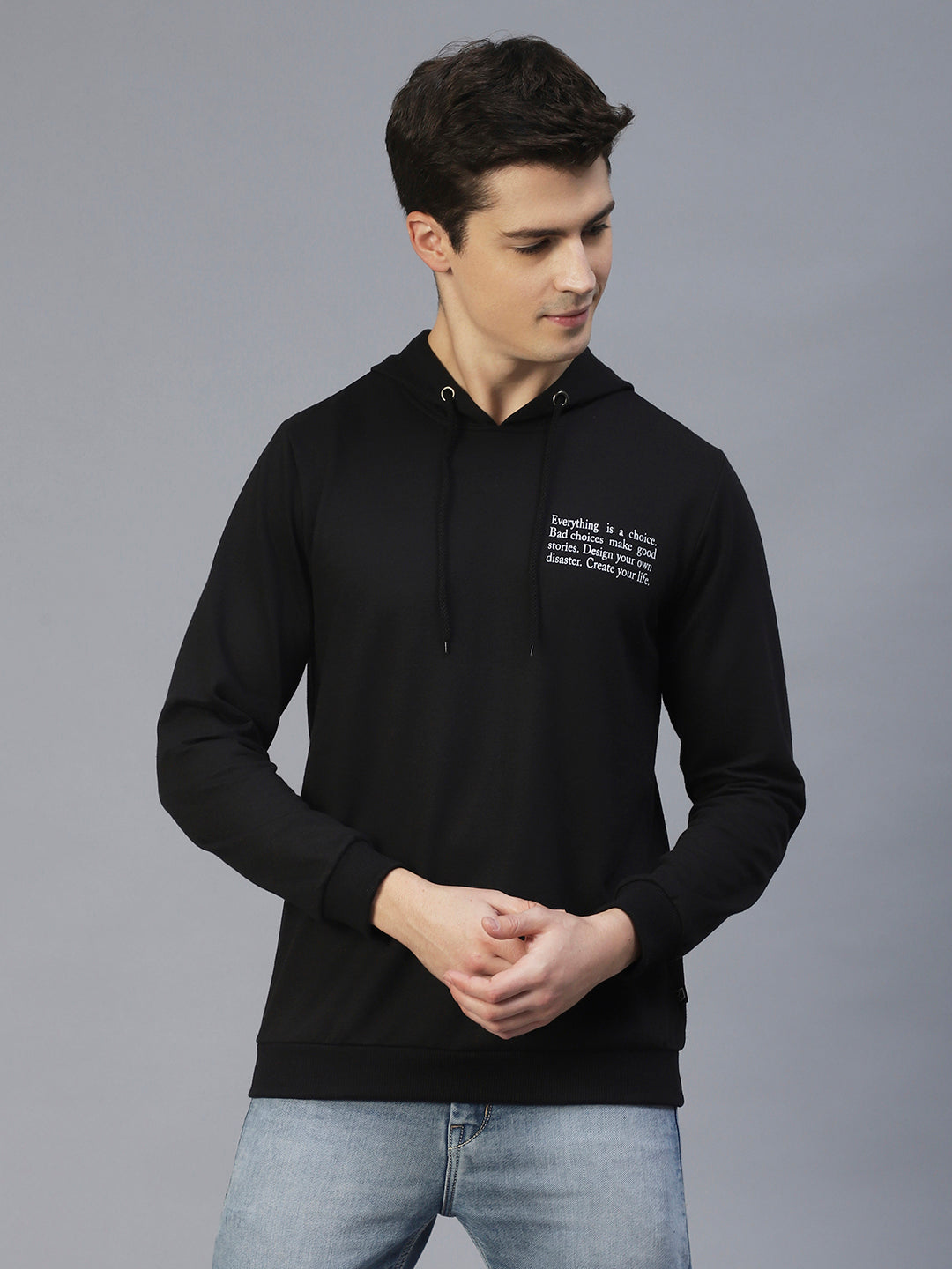Men Black Text Print Hooded Sweatshirt