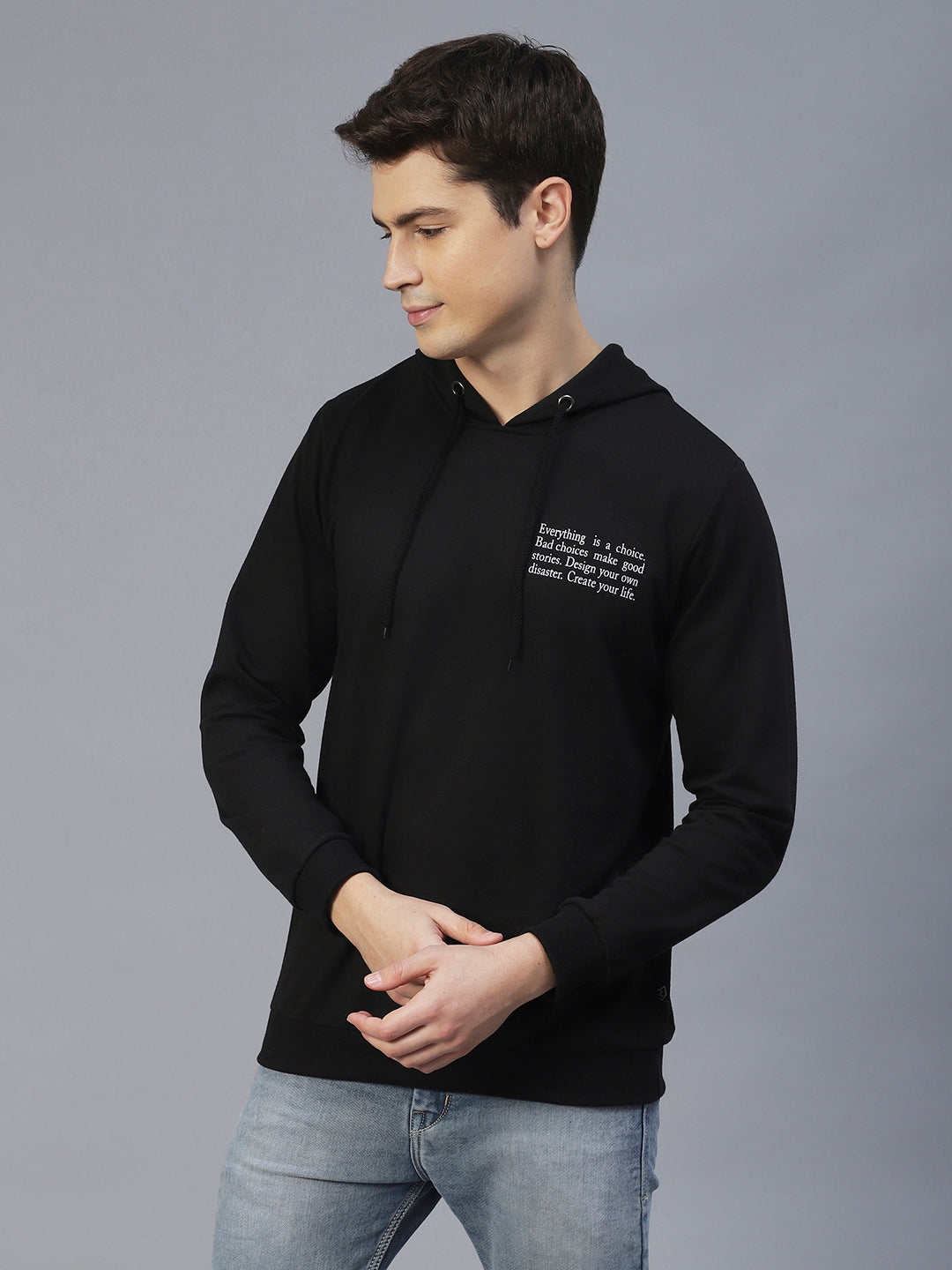 Men Black Text Print Hooded Sweatshirt