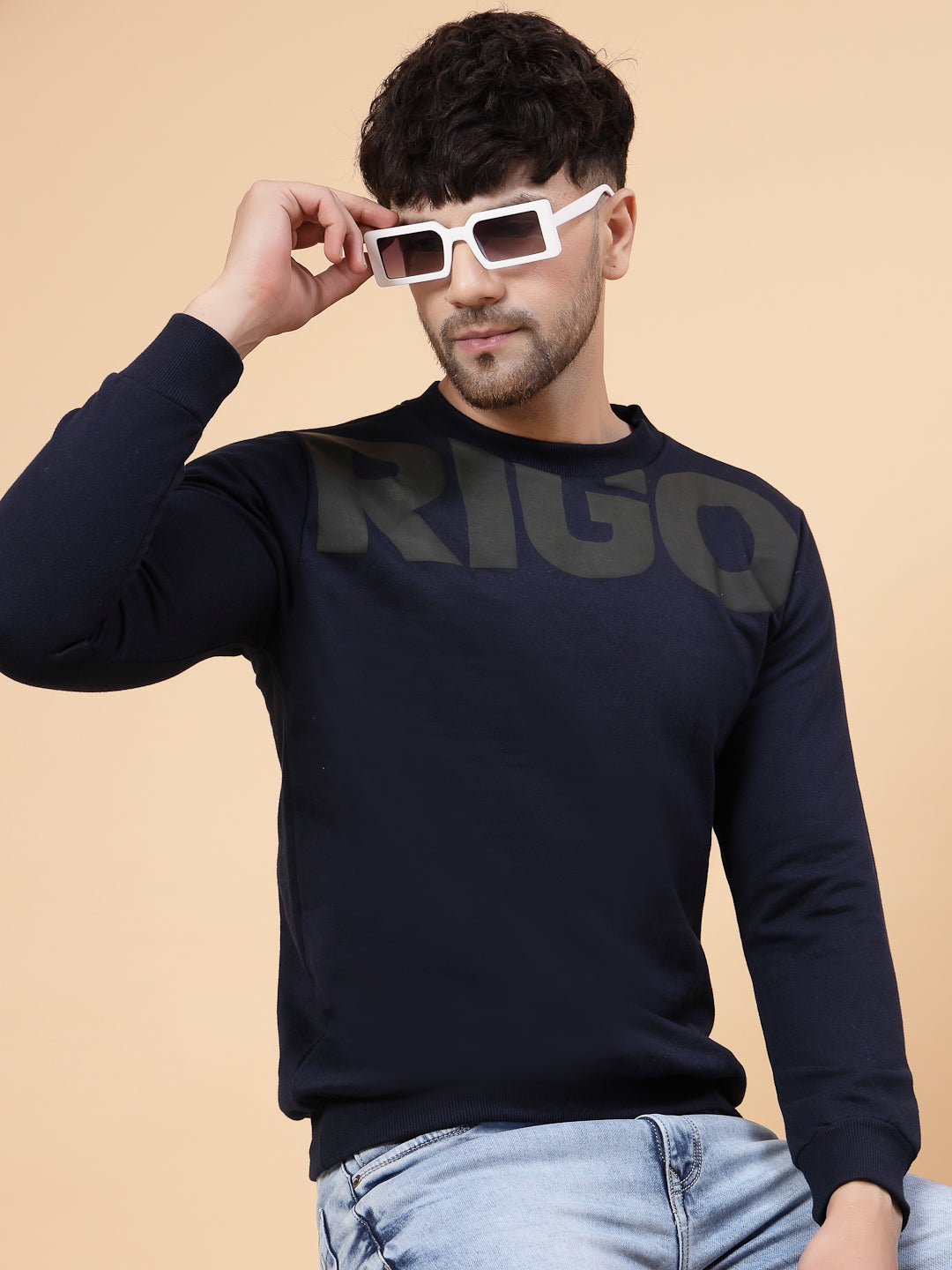 Men Navy Printed Round Neck Fleece Sweatshirt