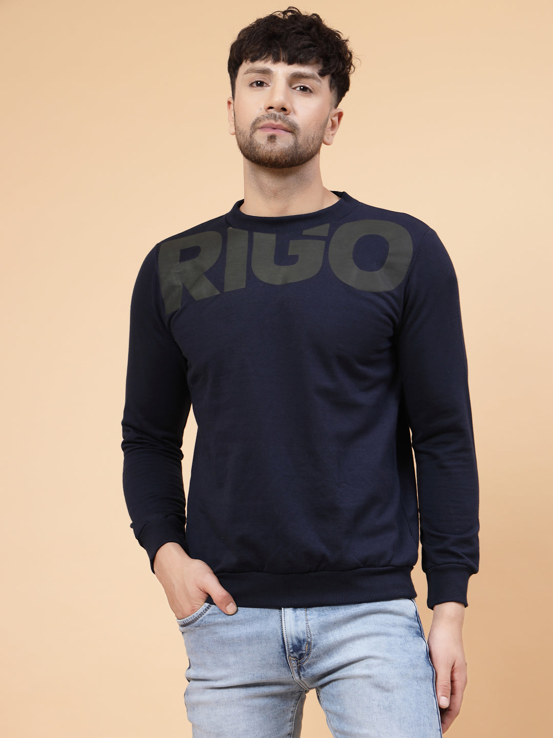 Men Navy Printed Round Neck Fleece Sweatshirt
