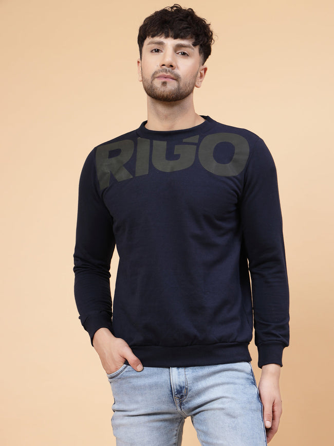 Men Navy Printed Round Neck Fleece Sweatshirt
