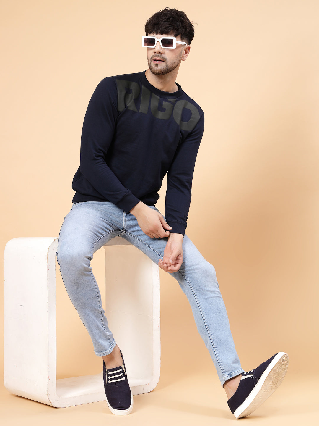 Men Navy Printed Round Neck Fleece Sweatshirt
