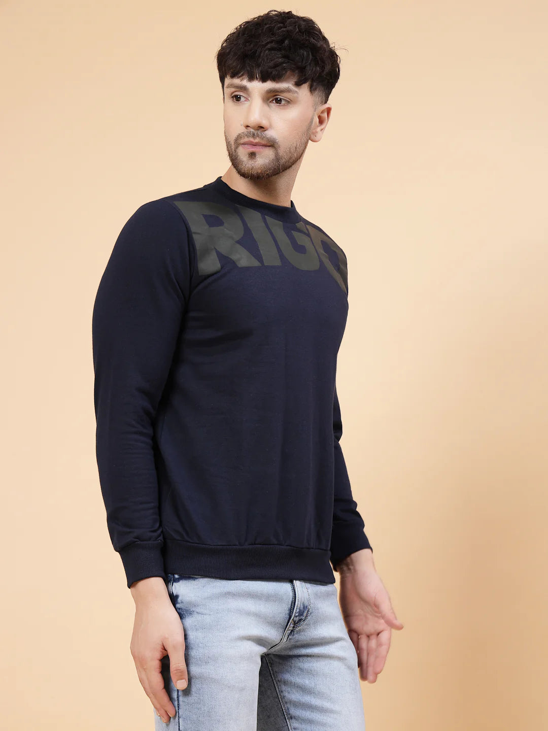 Men Navy Printed Round Neck Fleece Sweatshirt