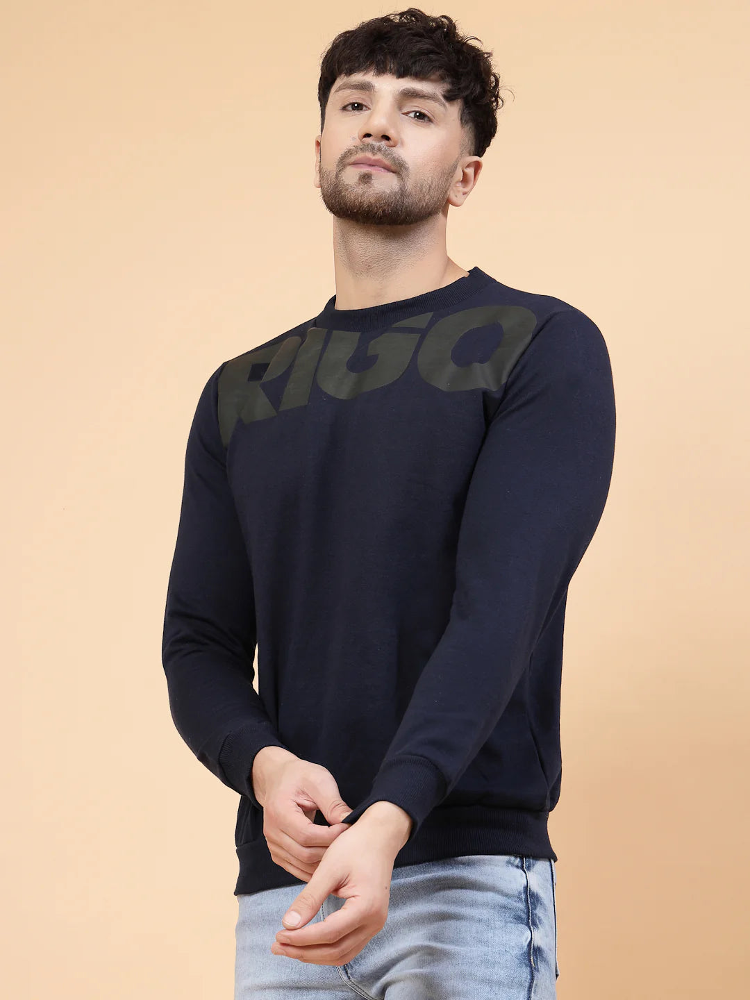 Men Navy Printed Round Neck Fleece Sweatshirt