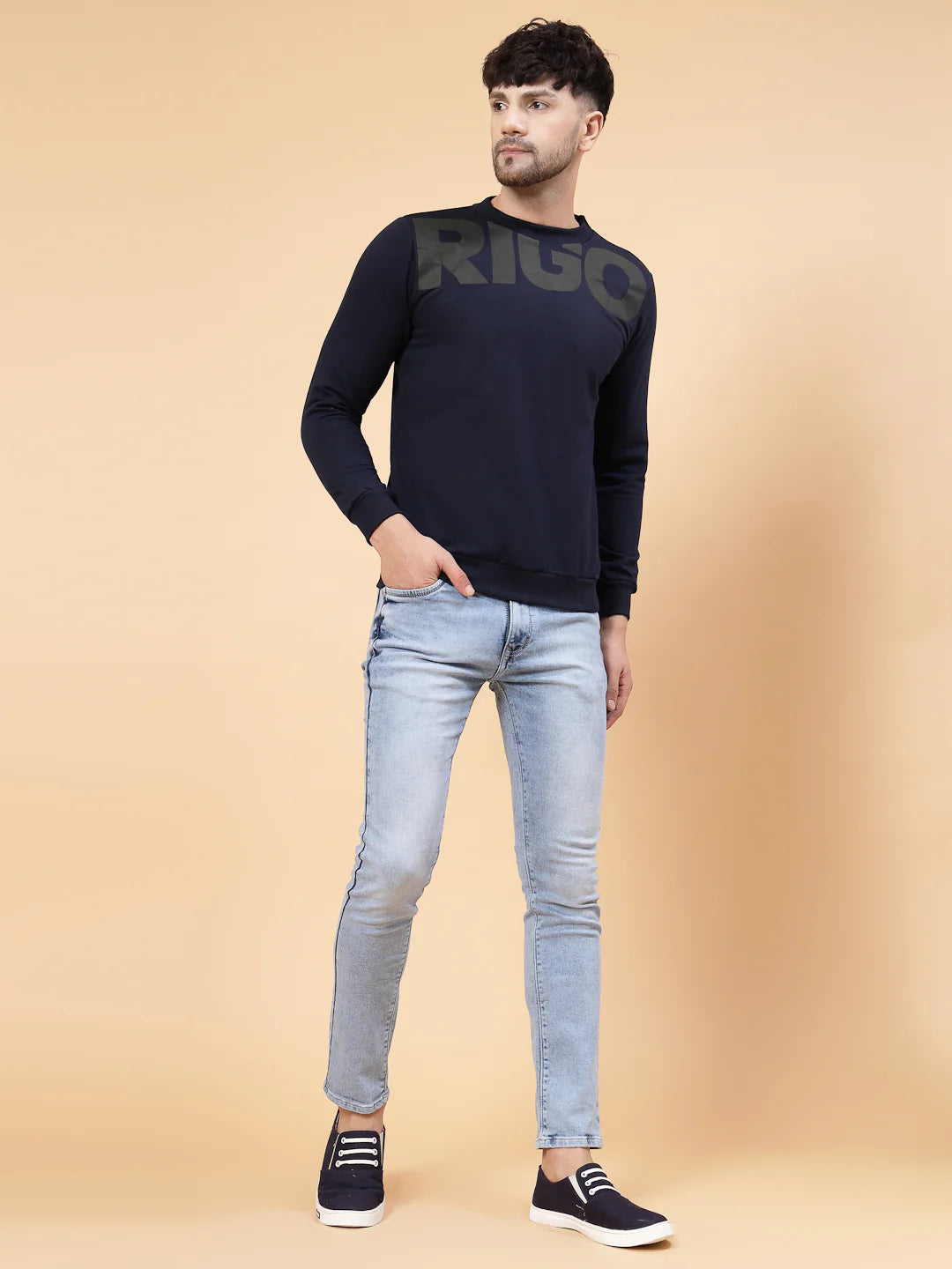 Men Navy Printed Round Neck Fleece Sweatshirt