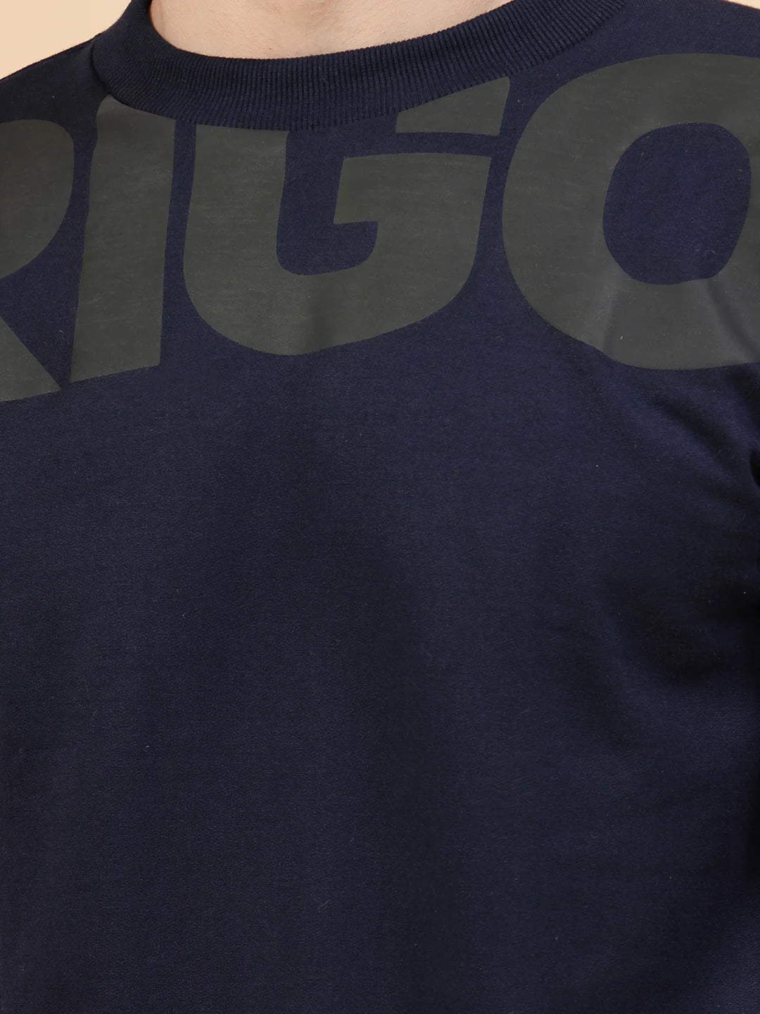 Men Navy Printed Round Neck Fleece Sweatshirt
